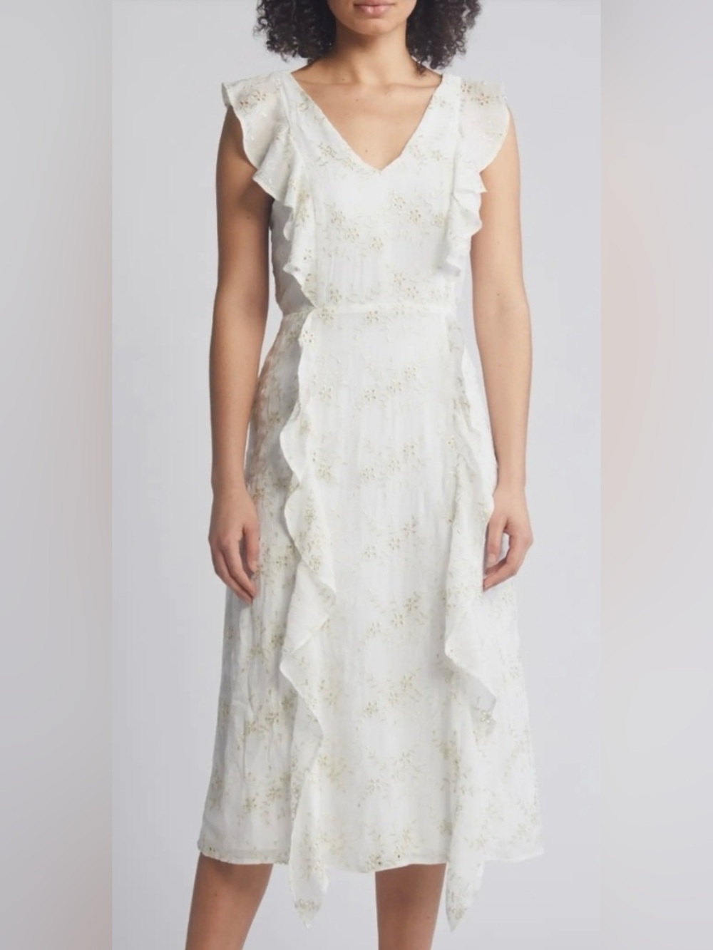 julia jordan White Eyelet Ruffle Midi Dress with Gold Accents